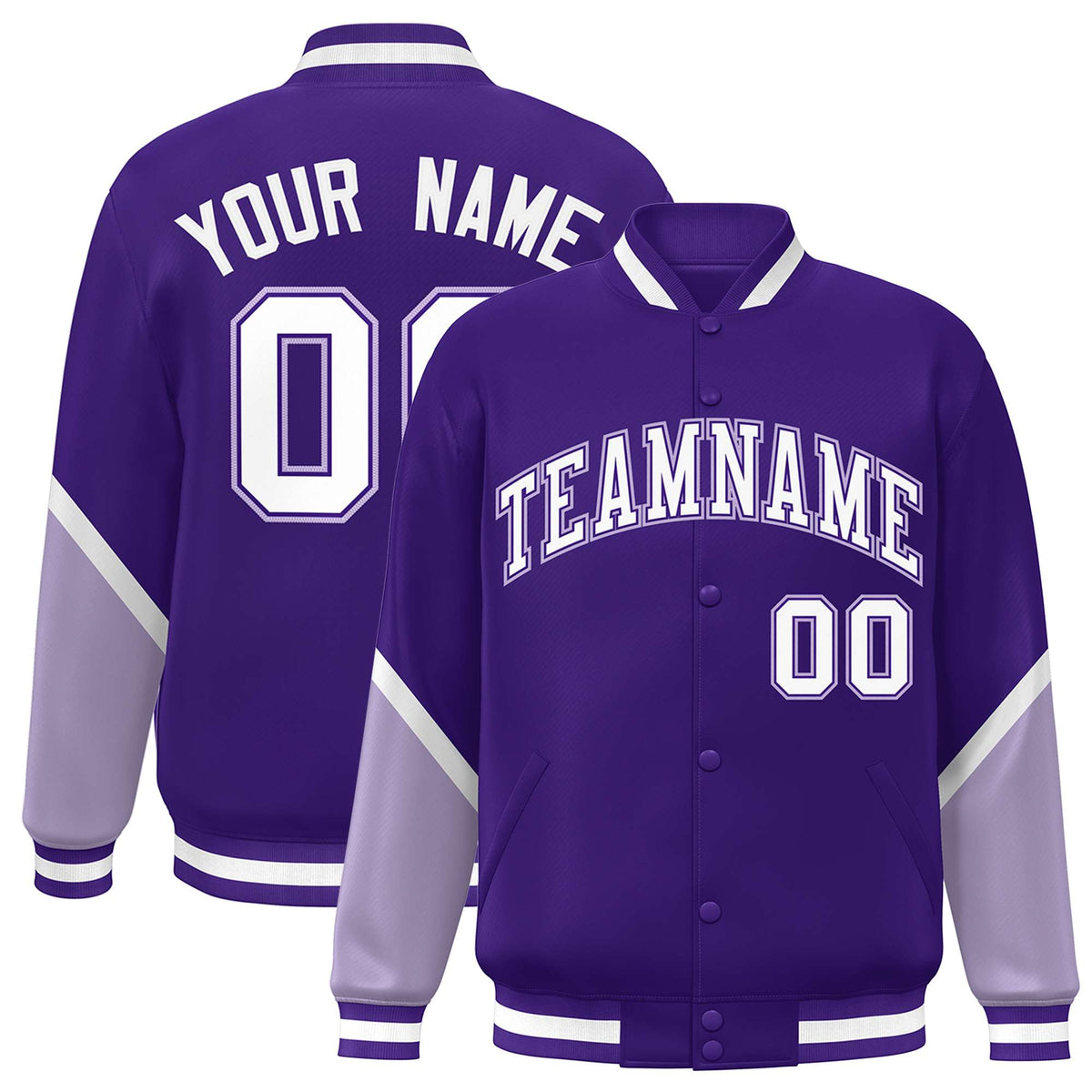 Custom Purple Light Purple Varsity Full-Snap Color Block Letterman Baseball Jacket