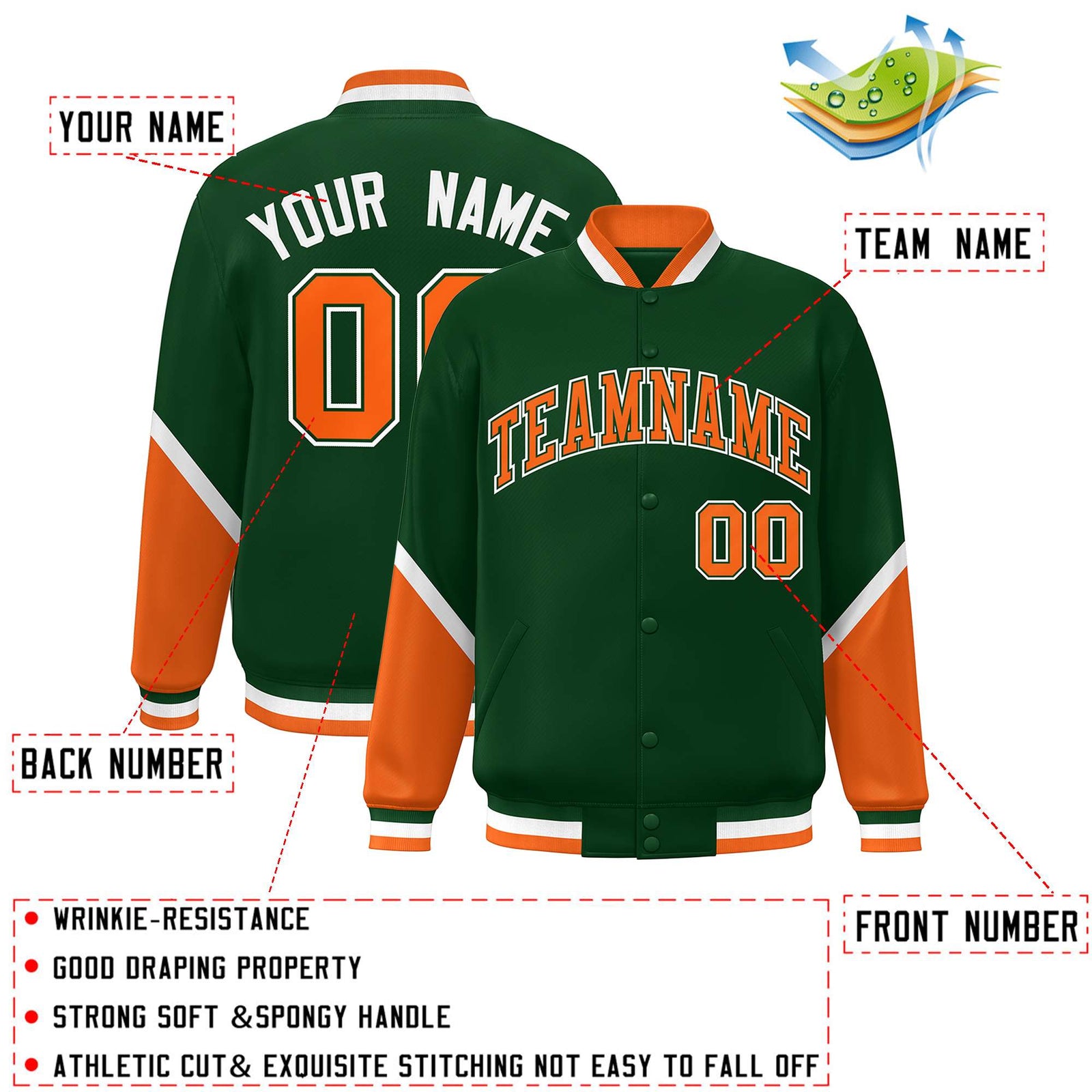Custom Green Orange Varsity Full-Snap Color Block Letterman Baseball Jacket