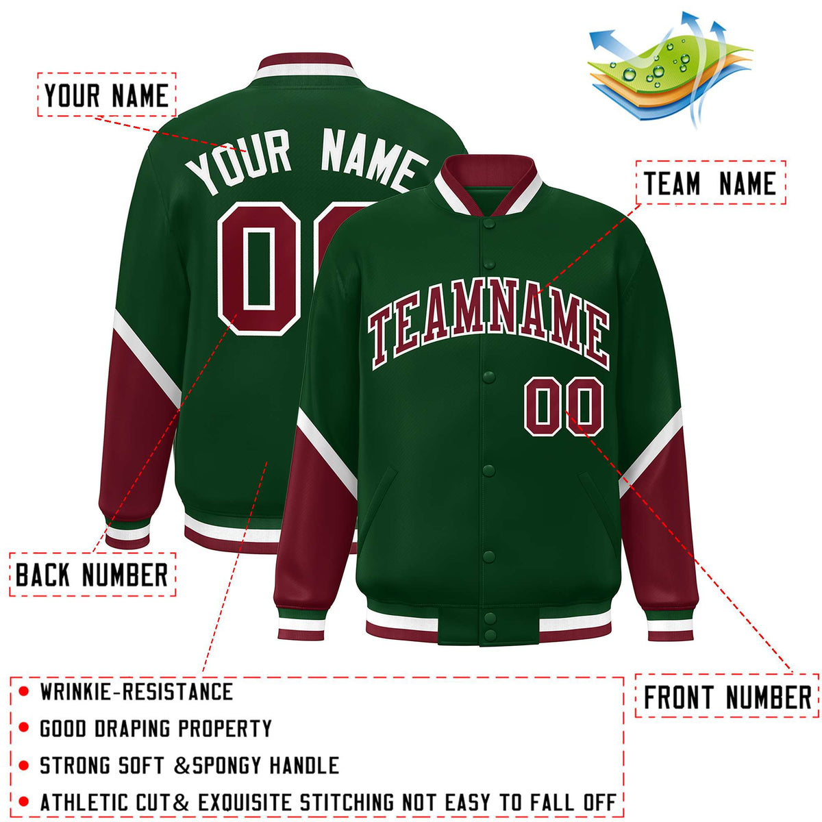 Custom Green Crimson Varsity Full-Snap Color Block Letterman Baseball Jacket