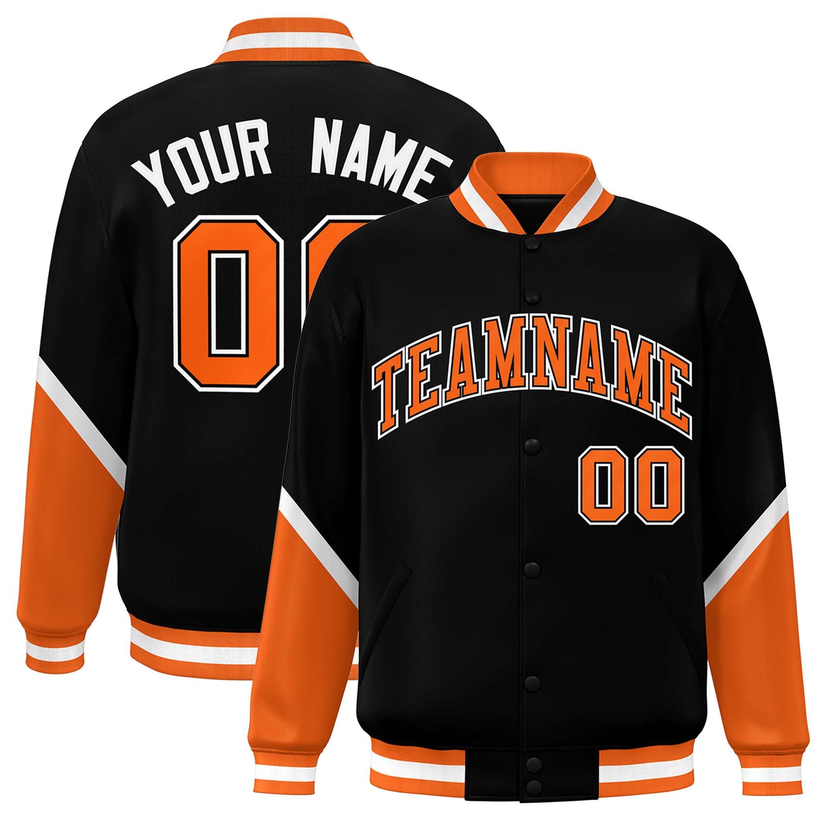 Custom Black Orange Varsity Full-Snap Color Block Letterman Baseball Jacket