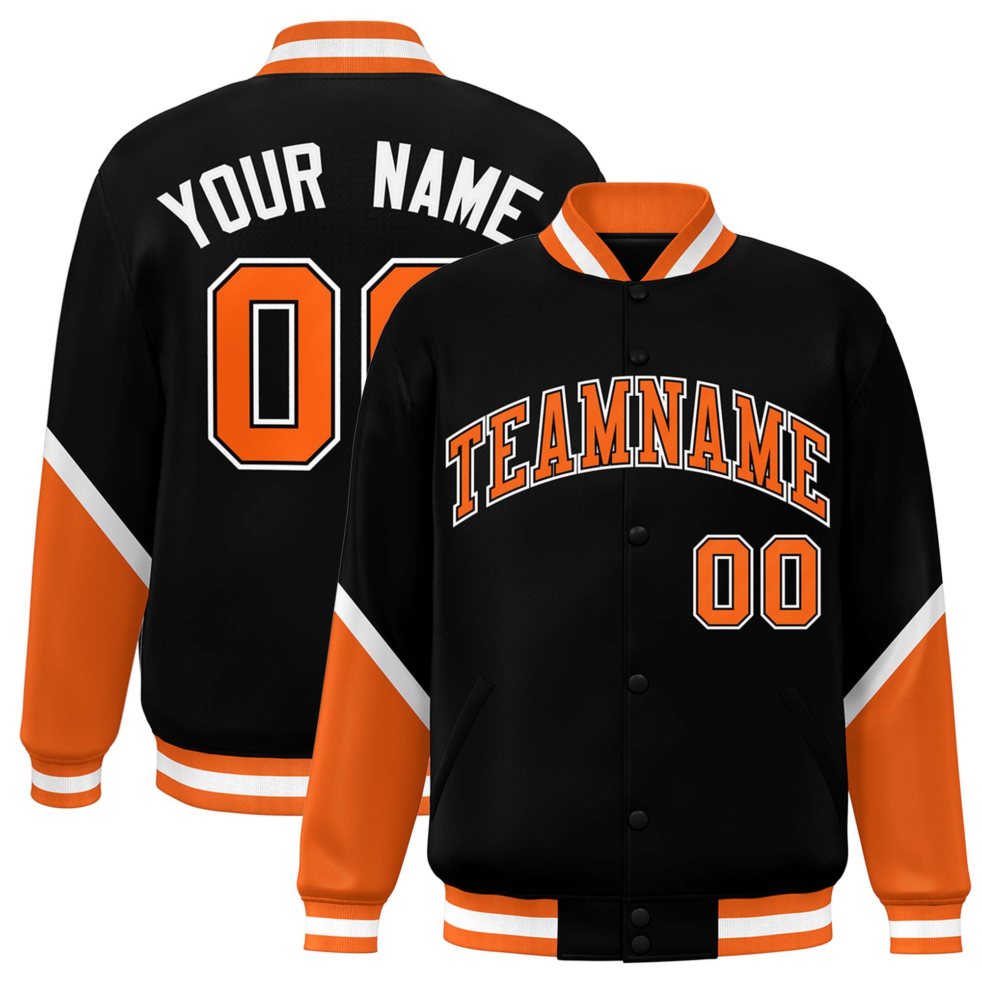 Custom Black Orange Varsity Full-Snap Color Block Letterman Baseball Jacket