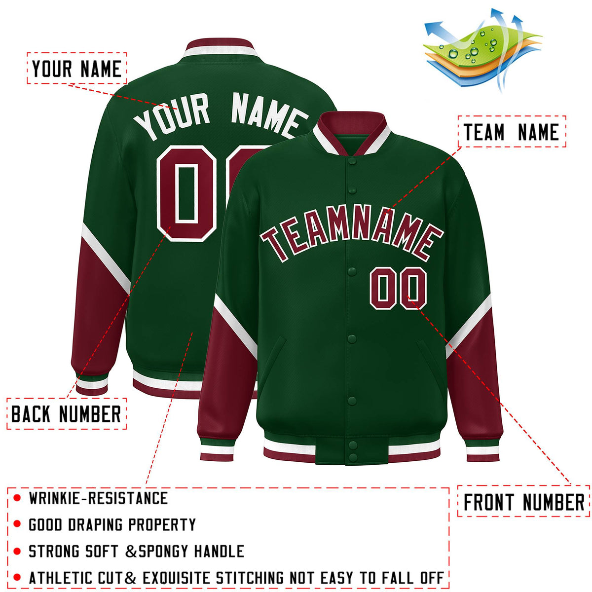 Custom Green Crimson Varsity Full-Snap Color Block Letterman Baseball Jacket