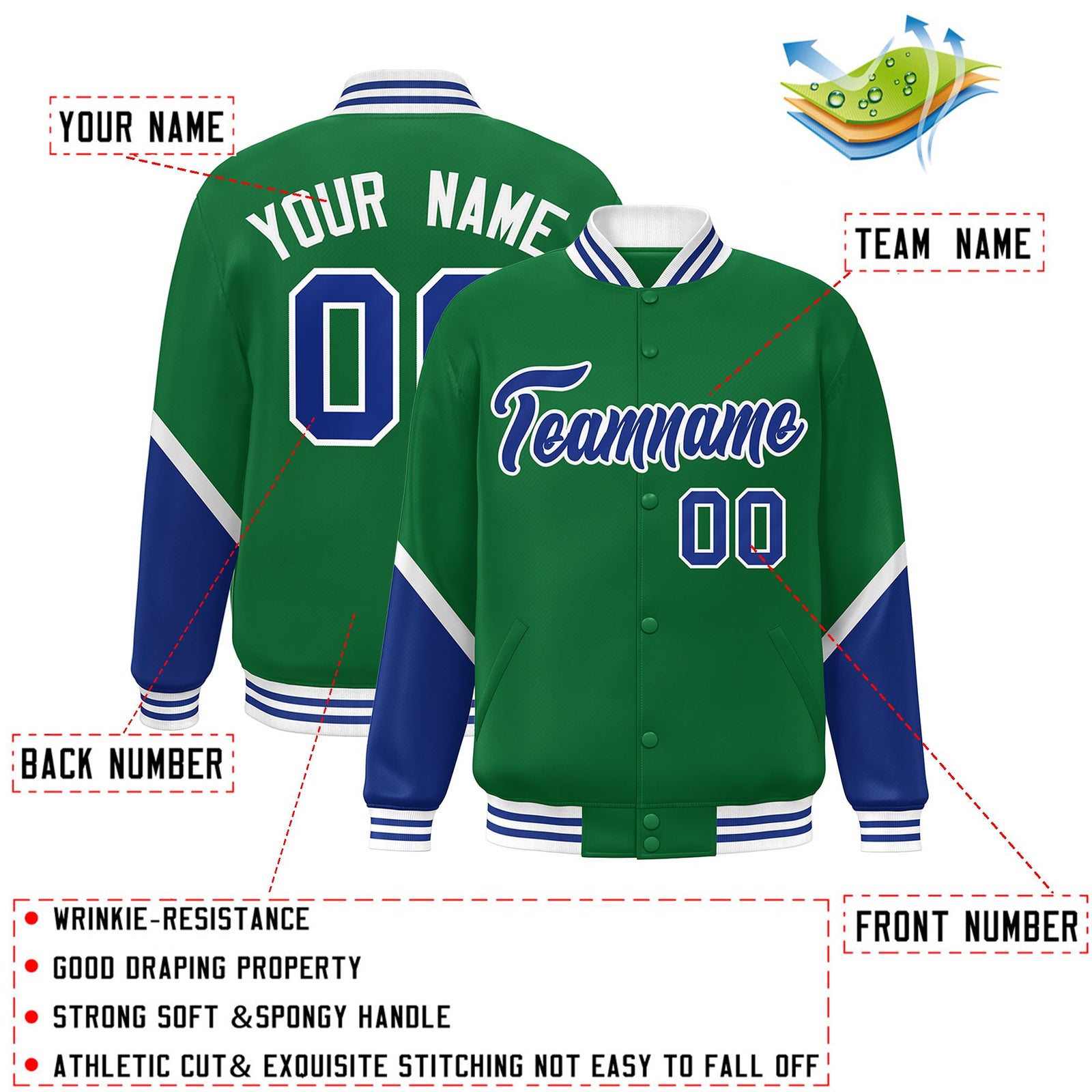 Custom Kelly Green Royal Varsity Full-Snap Color Block Letterman Baseball Jacket