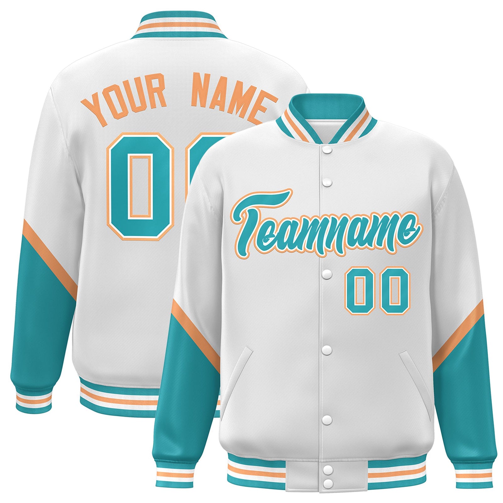 Custom White Aqua Varsity Full-Snap Color Block Letterman Baseball Jacket