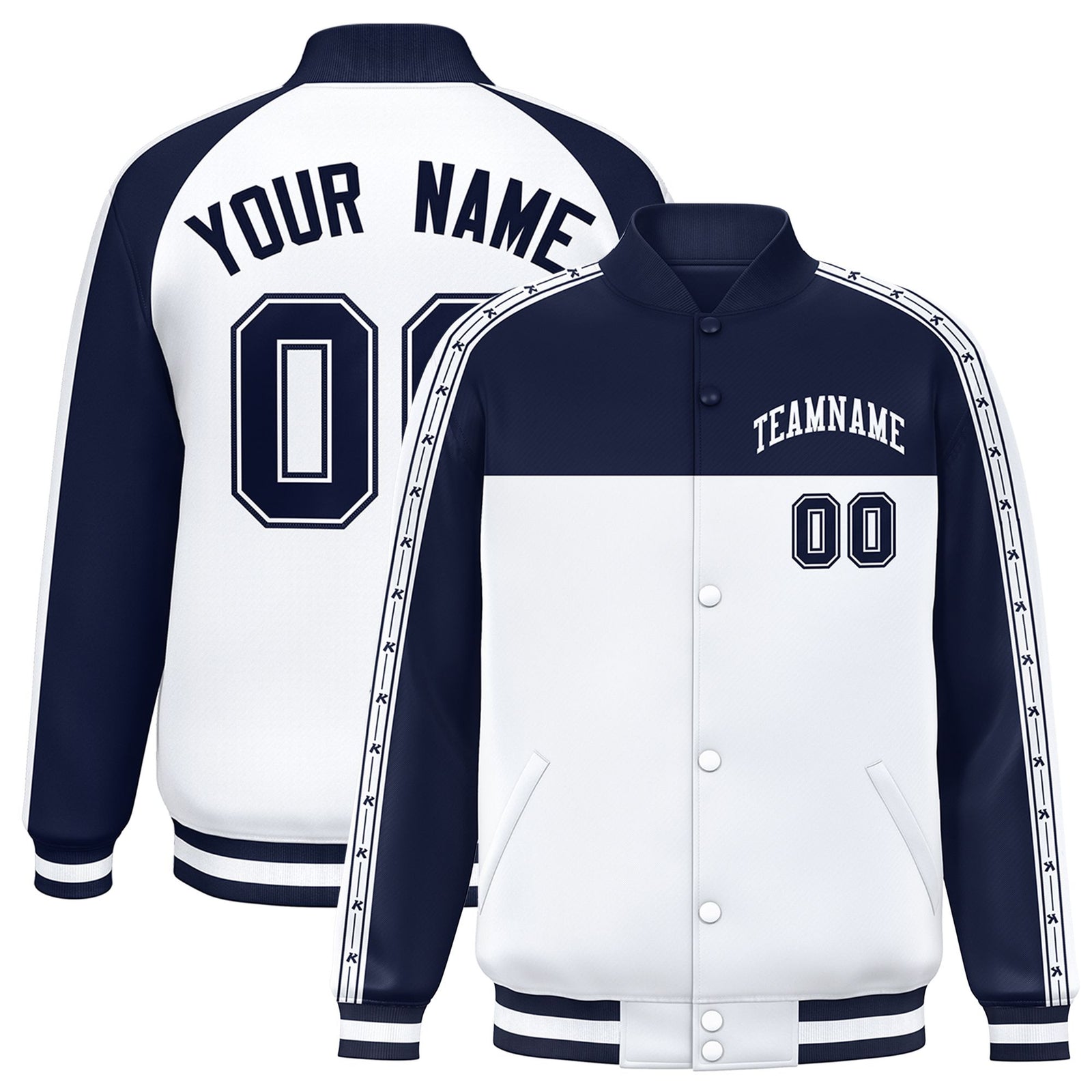 Custom Navy White K-Ribbon Raglan Sleeves Varsity Full-Snap Color Block Letterman Jacket