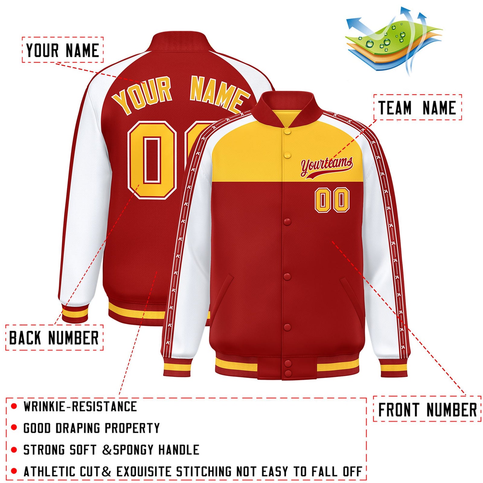 Custom Gold Red K-Ribbon Raglan Sleeves Varsity Full-Snap Color Block Letterman Jacket