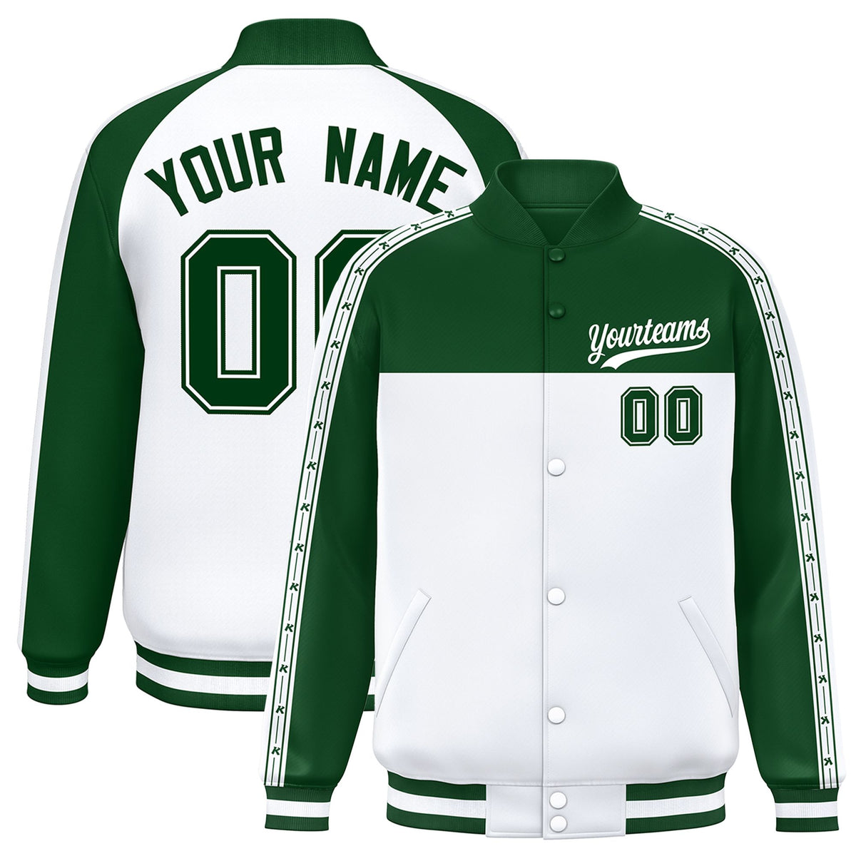Custom Green White K-Ribbon Raglan Sleeves Varsity Full-Snap Color Block Letterman Jacket