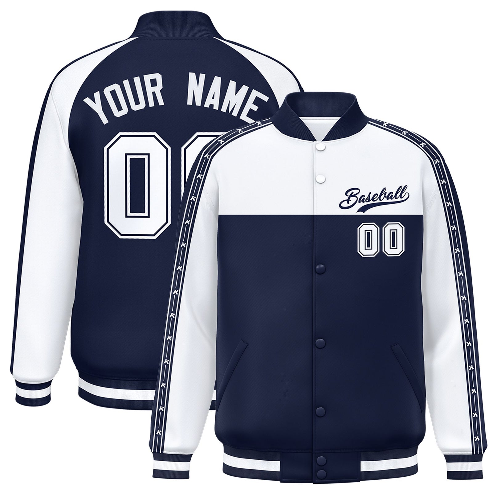 Custom White Navy K-Ribbon Raglan Sleeves Varsity Full-Snap Color Block Letterman Jacket