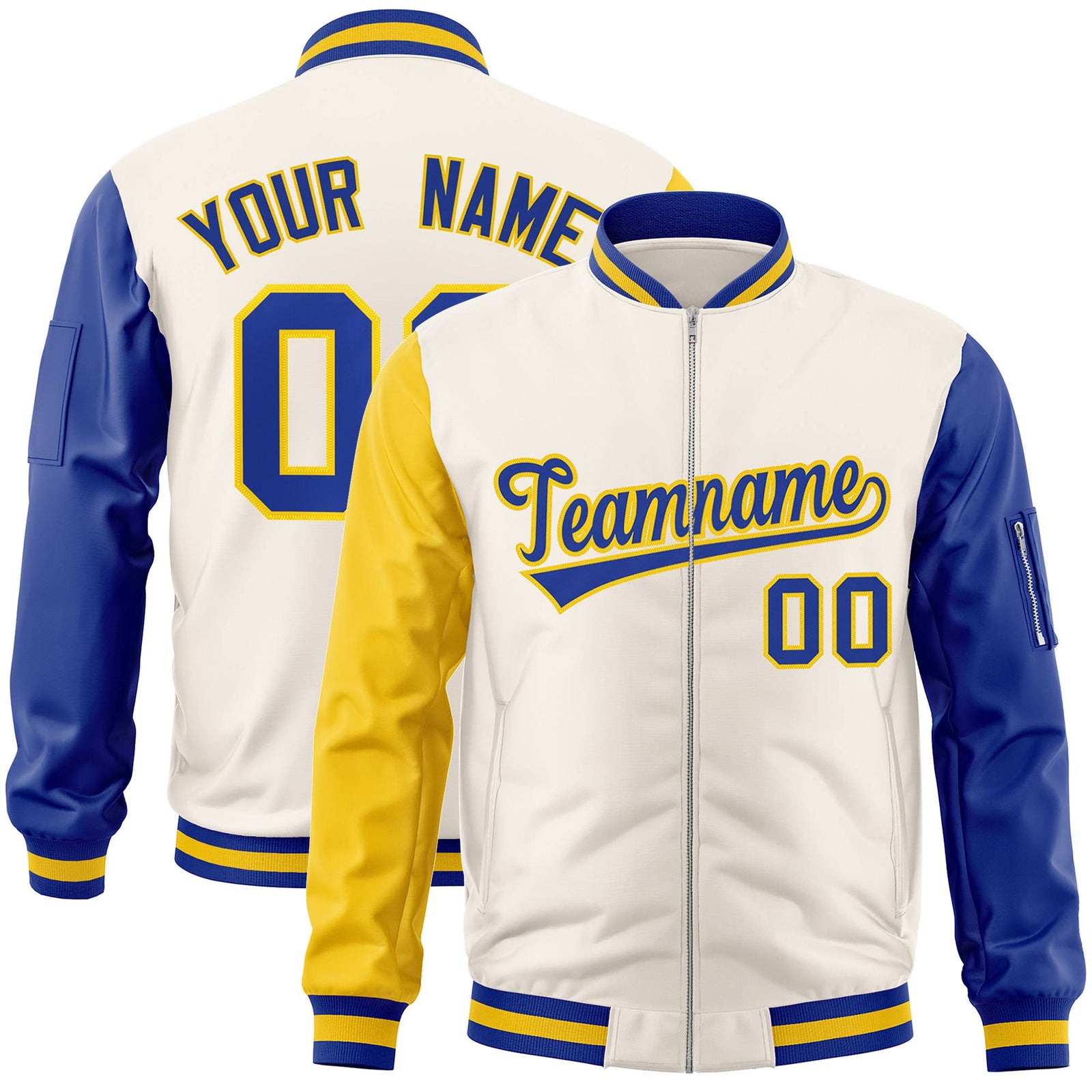 Custom Cream Royal-Gold Varsity Full-Zip Raglan Sleeves Letterman Bomber Jacket