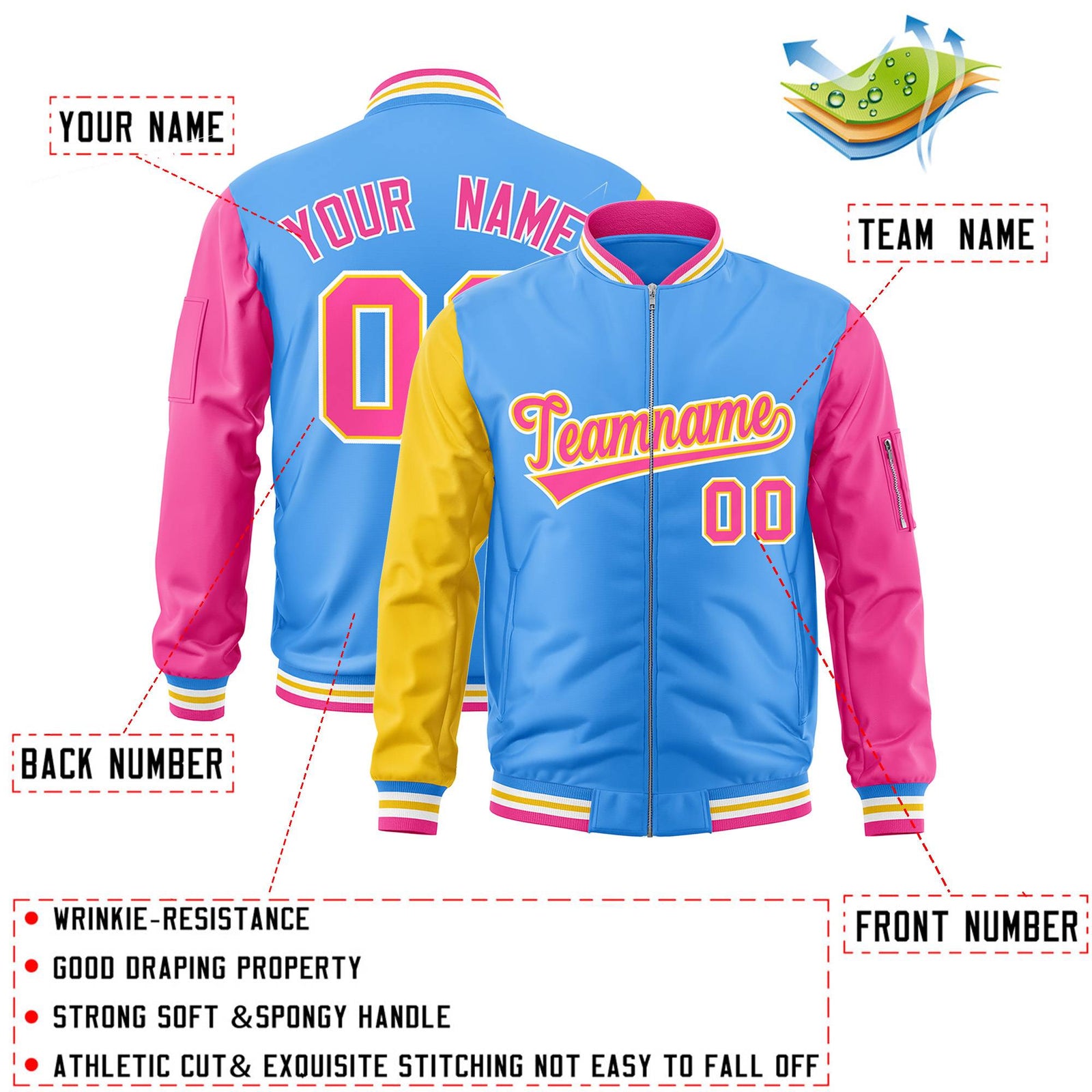 Custom Powder Blue Pink-Gold Varsity Full-Zip Raglan Sleeves Letterman Bomber Jacket