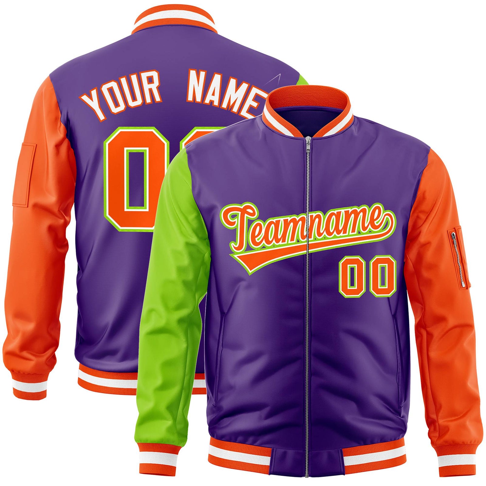 Custom Purple Orange-Neon Green Varsity Full-Zip Raglan Sleeves Letterman Bomber Jacket
