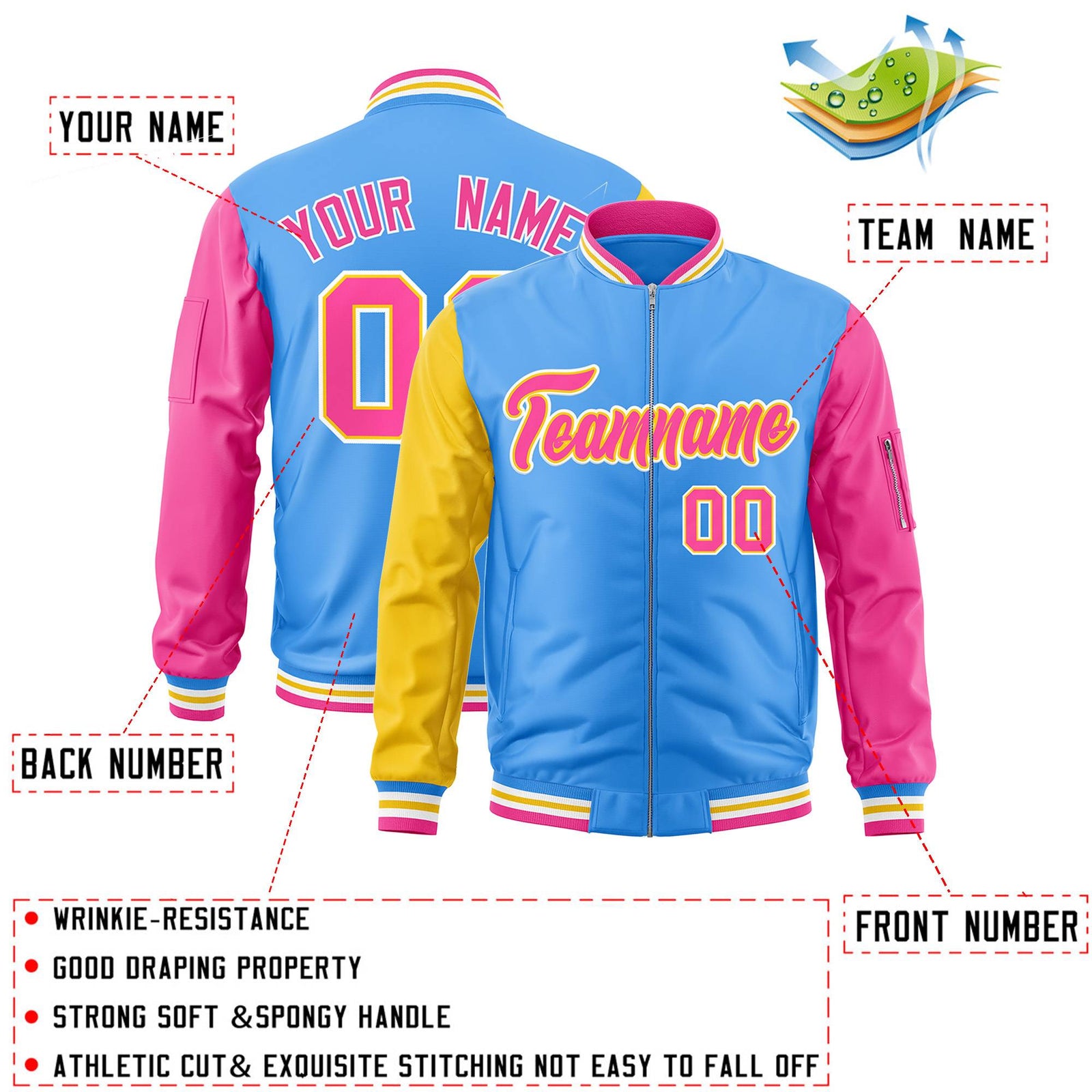 Custom Powder Blue Pink-Gold Varsity Full-Zip Raglan Sleeves Letterman Bomber Jacket