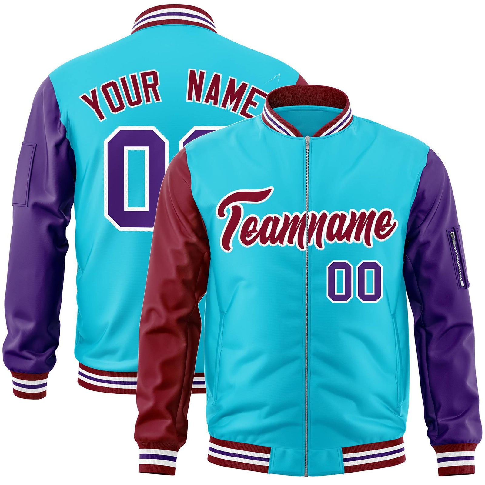 Custom Sky Blue Purple-Crimson Varsity Full-Zip Raglan Sleeves Letterman Bomber Jacket