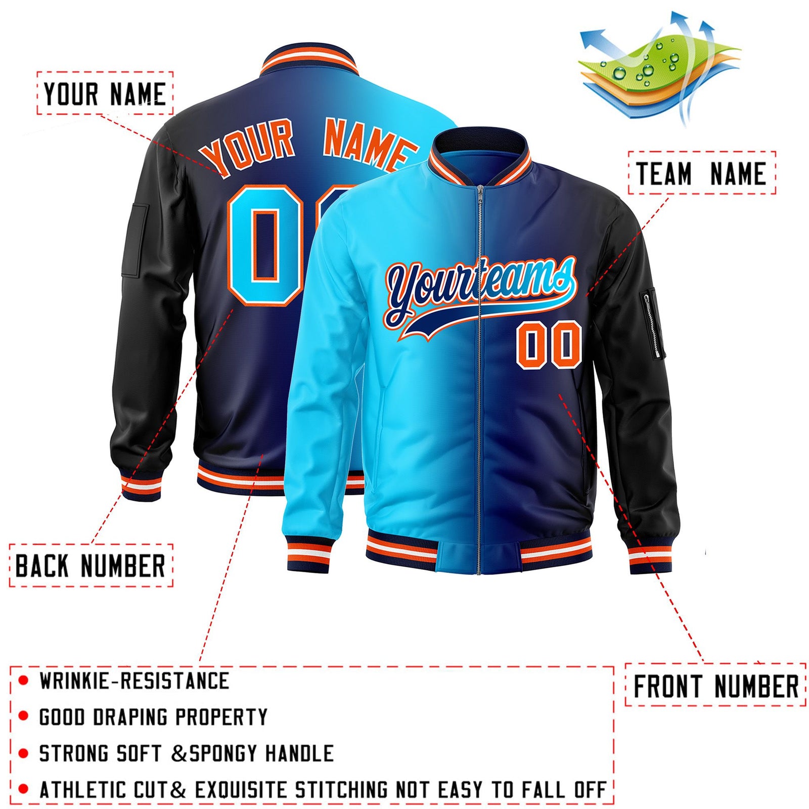 Custom Sky Blue Navy Full-Zip Gradient Fashion Letterman Bomber Jacket