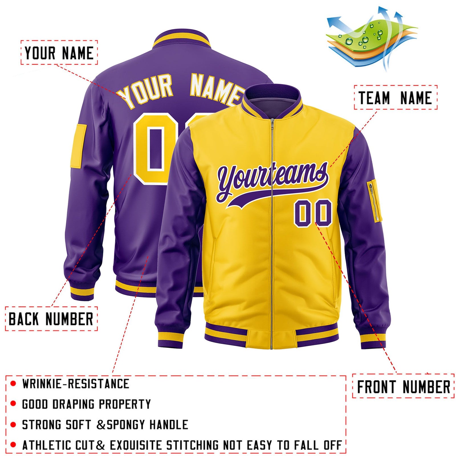 Custom Gold Purple Varsity Full-Zip Two-Tone Letterman Bomber Jacket