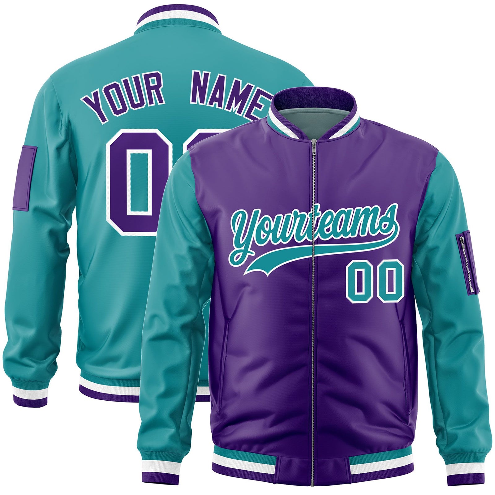 Custom Purple Aqua Varsity Full-Zip Two-Tone Letterman Bomber Jacket