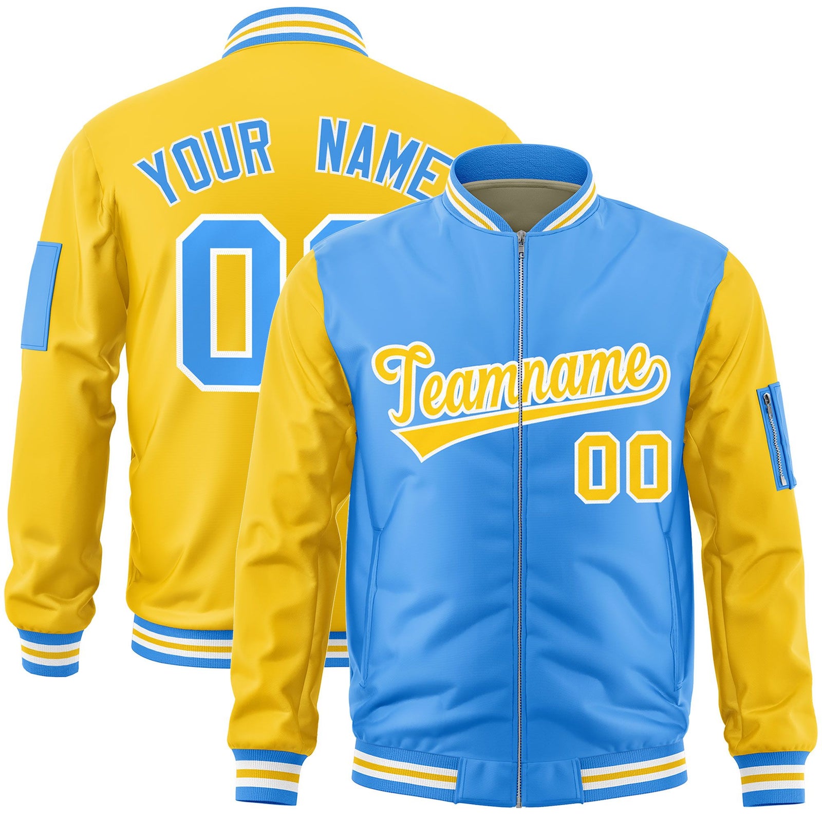 Custom Powder Blue Gold Varsity Full-Zip Two-Tone Letterman Bomber Jacket