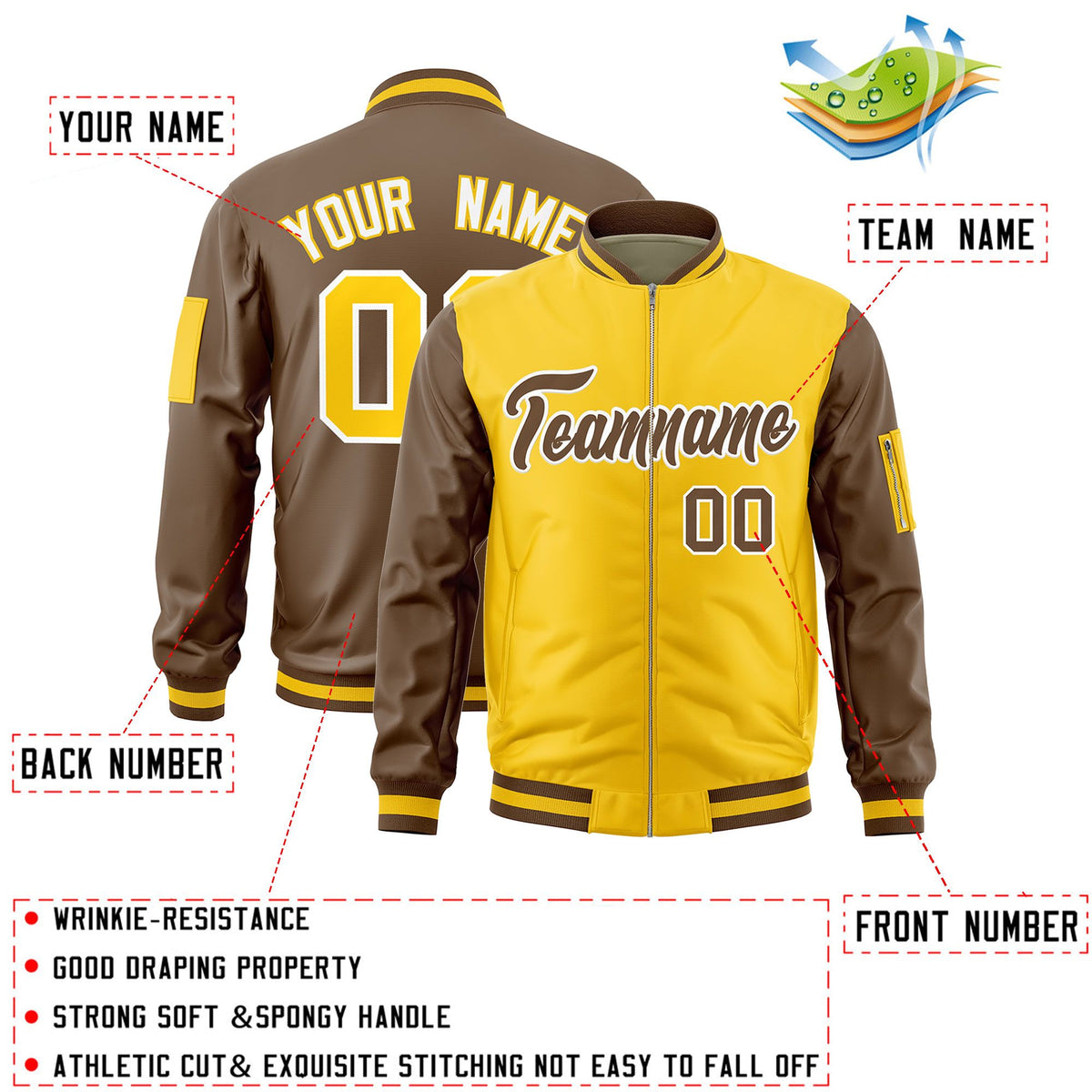 Custom Gold Light Brown Varsity Full-Zip Two-Tone Letterman Bomber Jacket