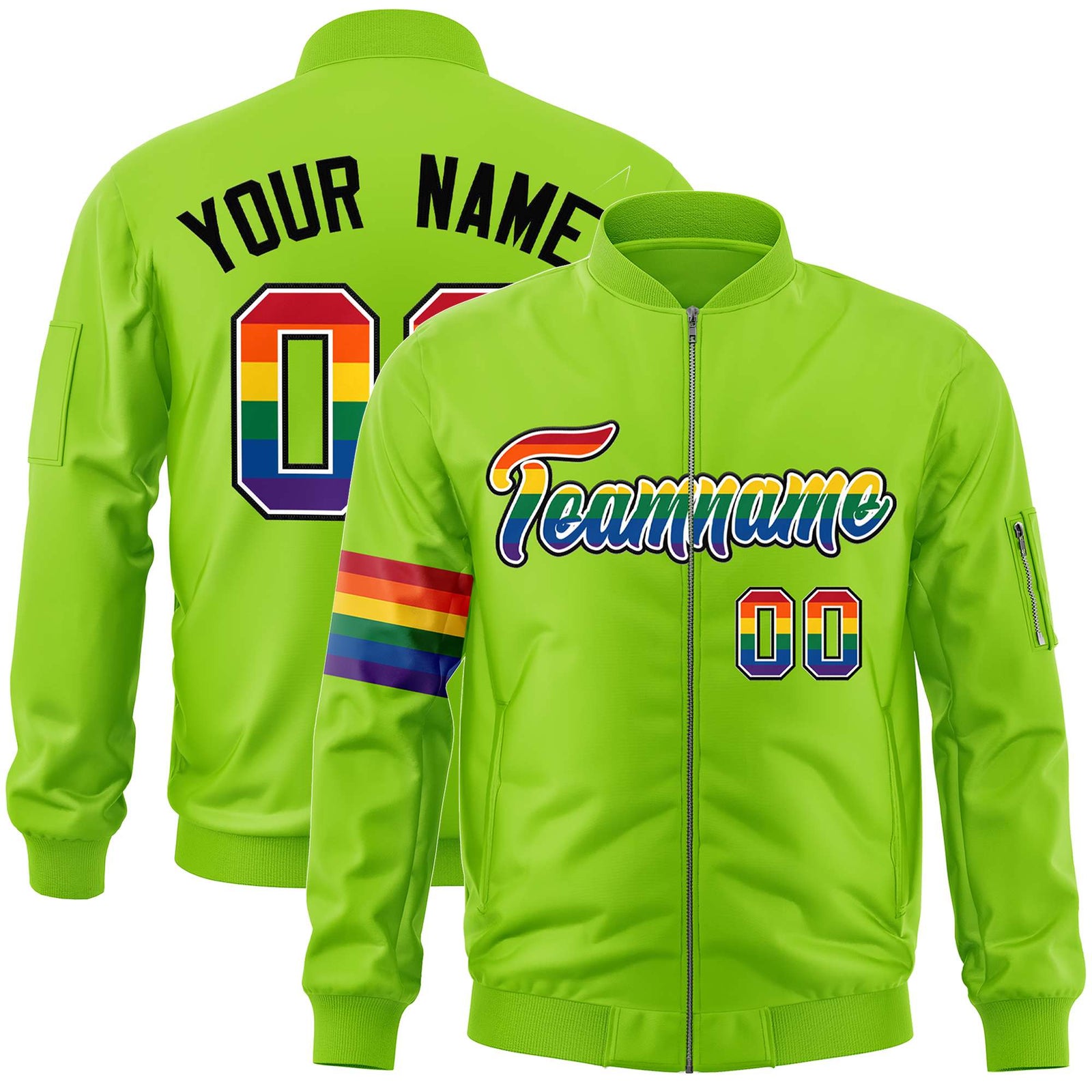 Custom Neon Green LGBT Rainbow For Pride Month Classic Style Letterman Bomber Jacket