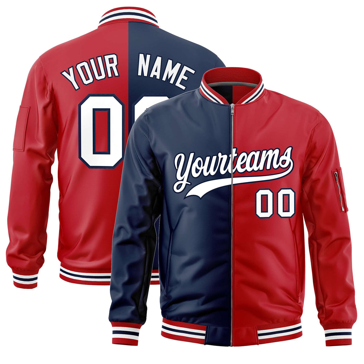 Custom Navy Red Split Varsity Full-Zip Two Tone Letterman Bomber Jacket