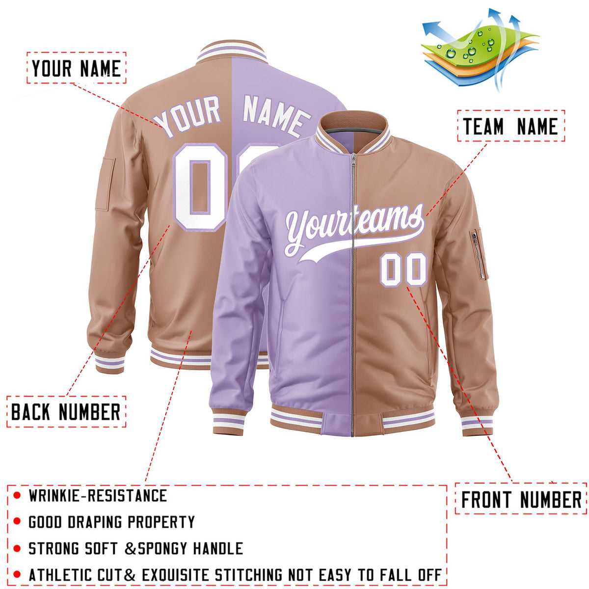 Custom Light Purple Light Brown Split Varsity Full-Zip Two Tone Letterman Bomber Jacket