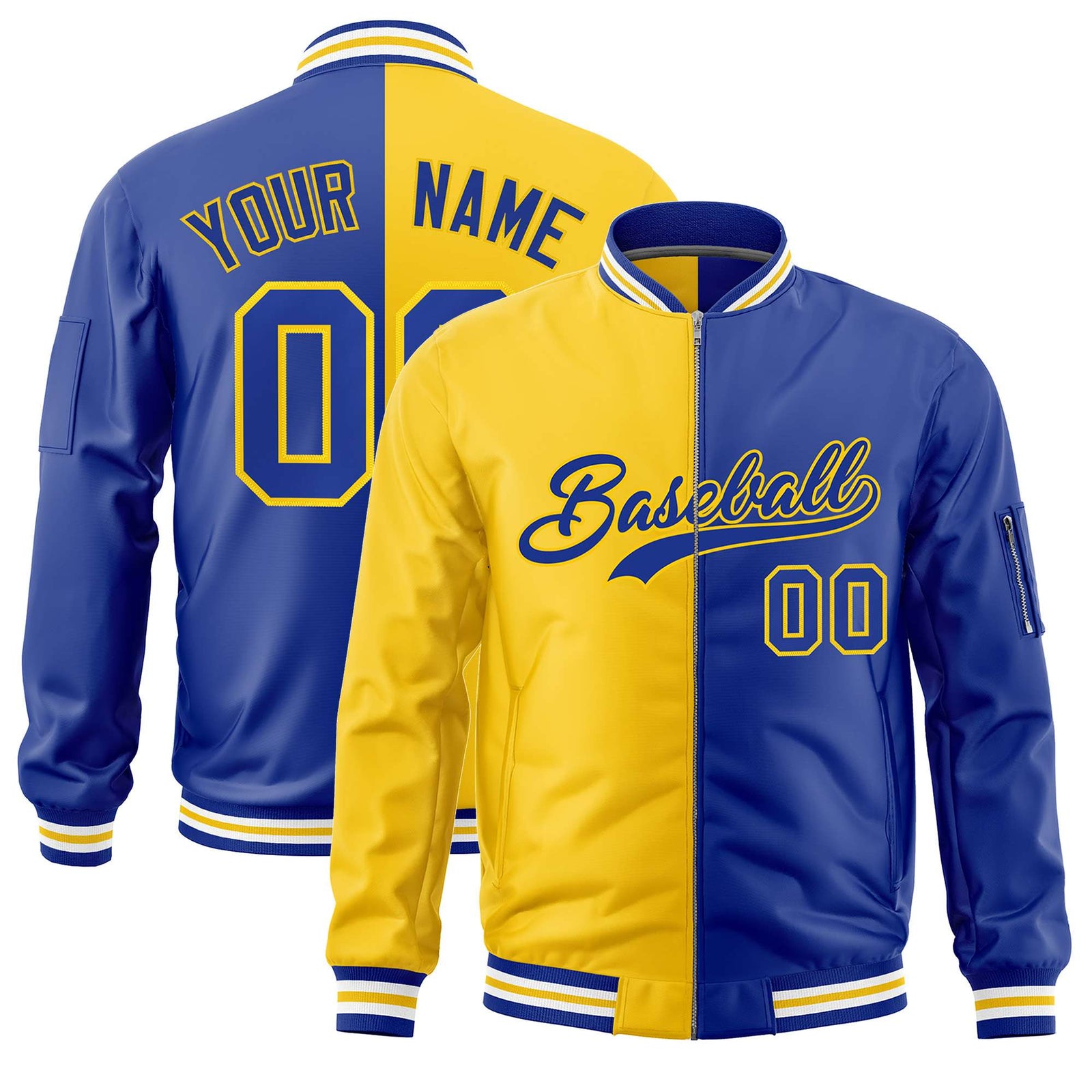 Custom Gold Royal Split Varsity Full-Zip Two Tone Letterman Bomber Jacket