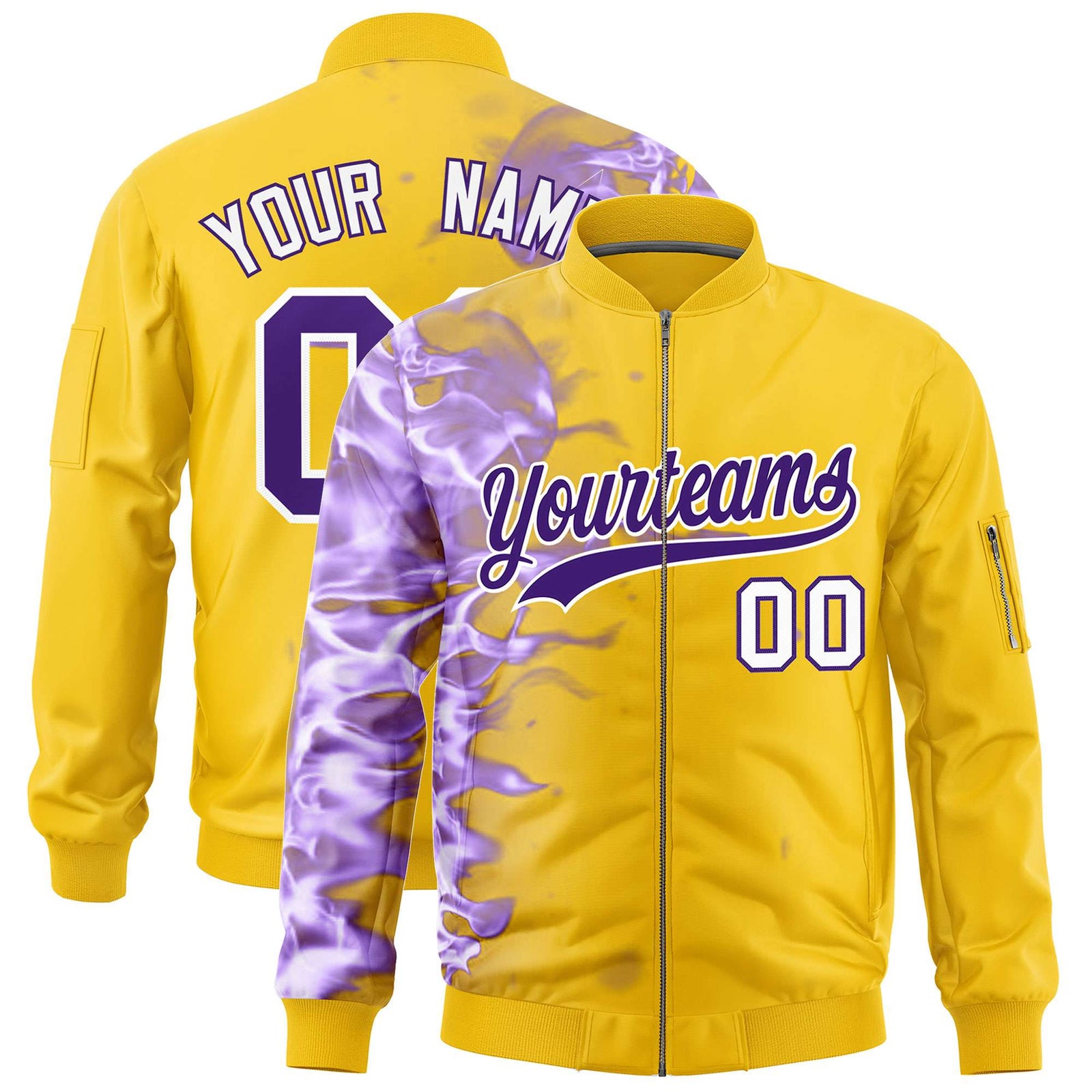 Custom Gold 3D Flame Varsity Full-Zip Letterman Bomber Jacket