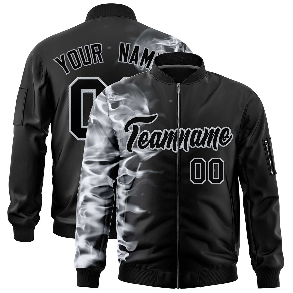 Custom Black 3D Flame Varsity Full-Zip Letterman Bomber Jacket