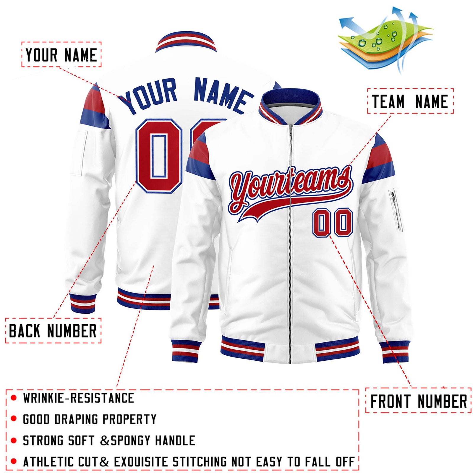 Custom White Royal-Red Varsity Full-Zip Shoulder Color Block Letterman Bomber Jacket