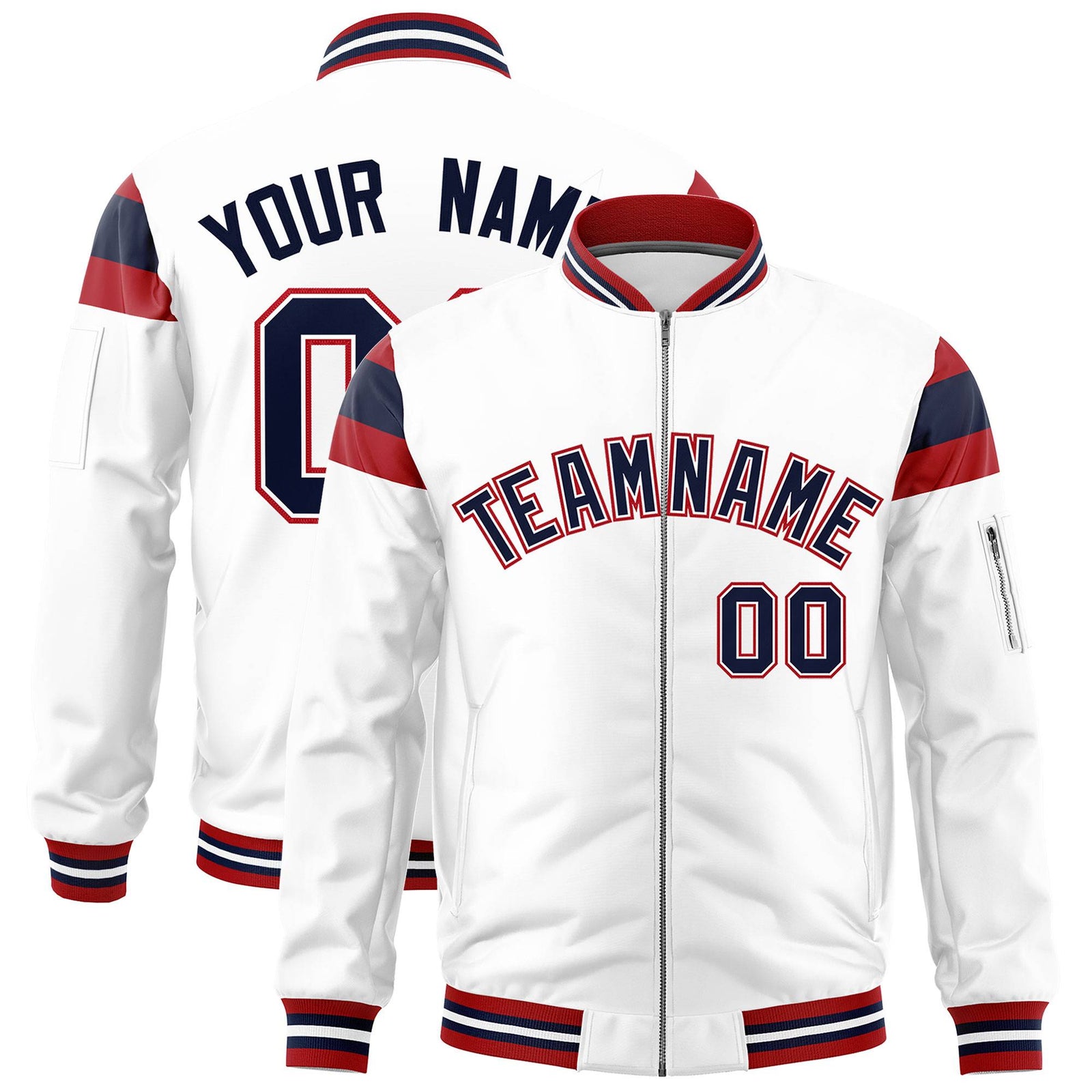 Custom White Red-Navy Varsity Full-Zip Shoulder Color Block Letterman Bomber Jacket