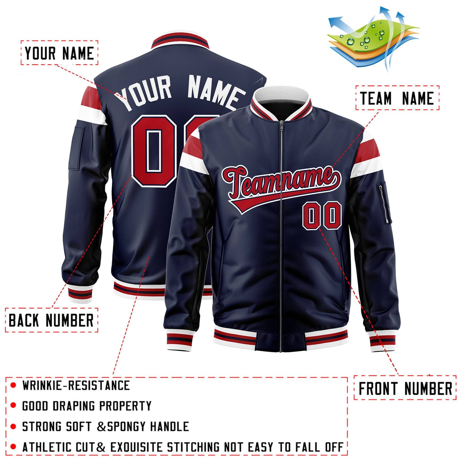 Custom Navy White-Red Varsity Full-Zip Shoulder Color Block Letterman Bomber Jacket