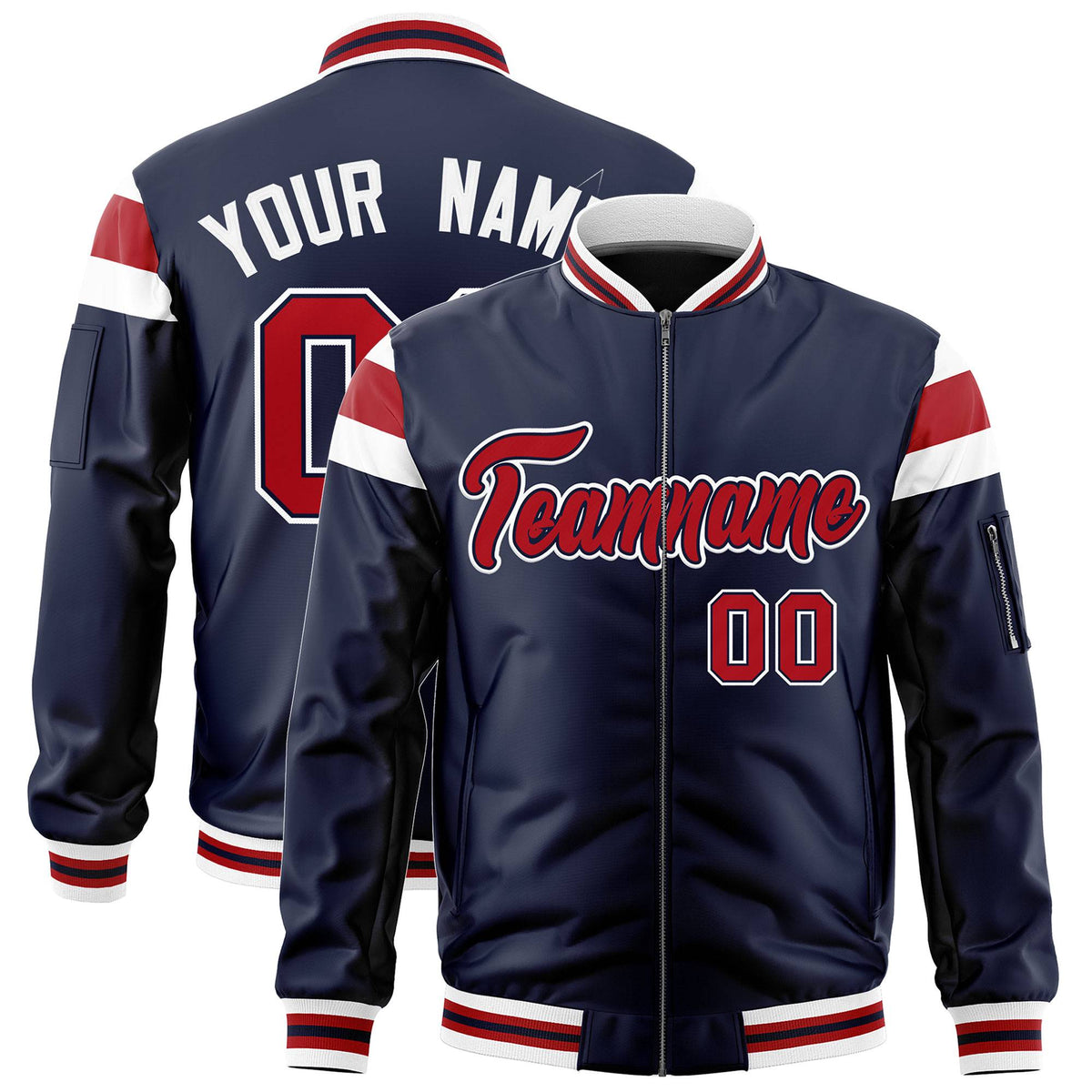 Custom Navy White-Red Varsity Full-Zip Shoulder Color Block Letterman Bomber Jacket