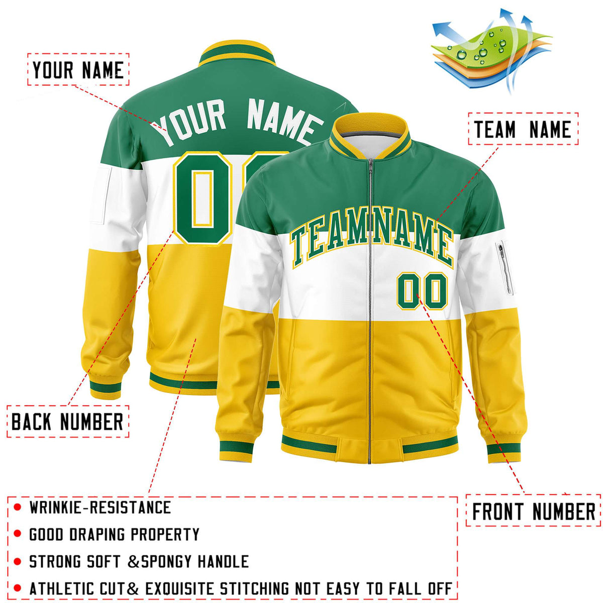 Custom Kelly Green White-Gold Varsity Full-Zip Color Block Letterman Bomber Jacket