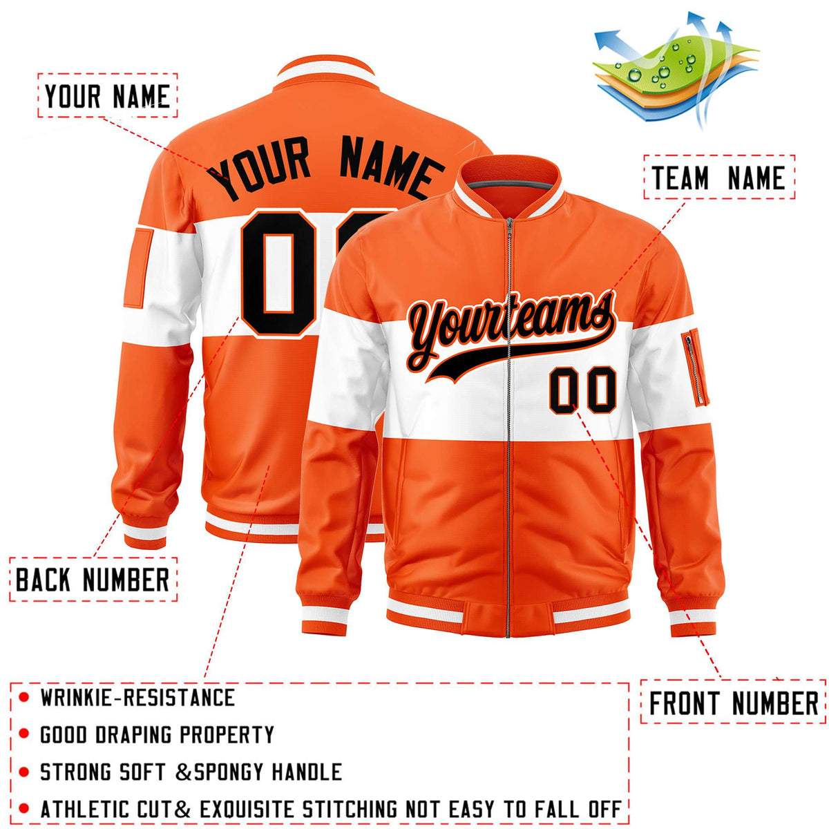 Custom Orange White-Orange Varsity Full-Zip Color Block Letterman Bomber Jacket