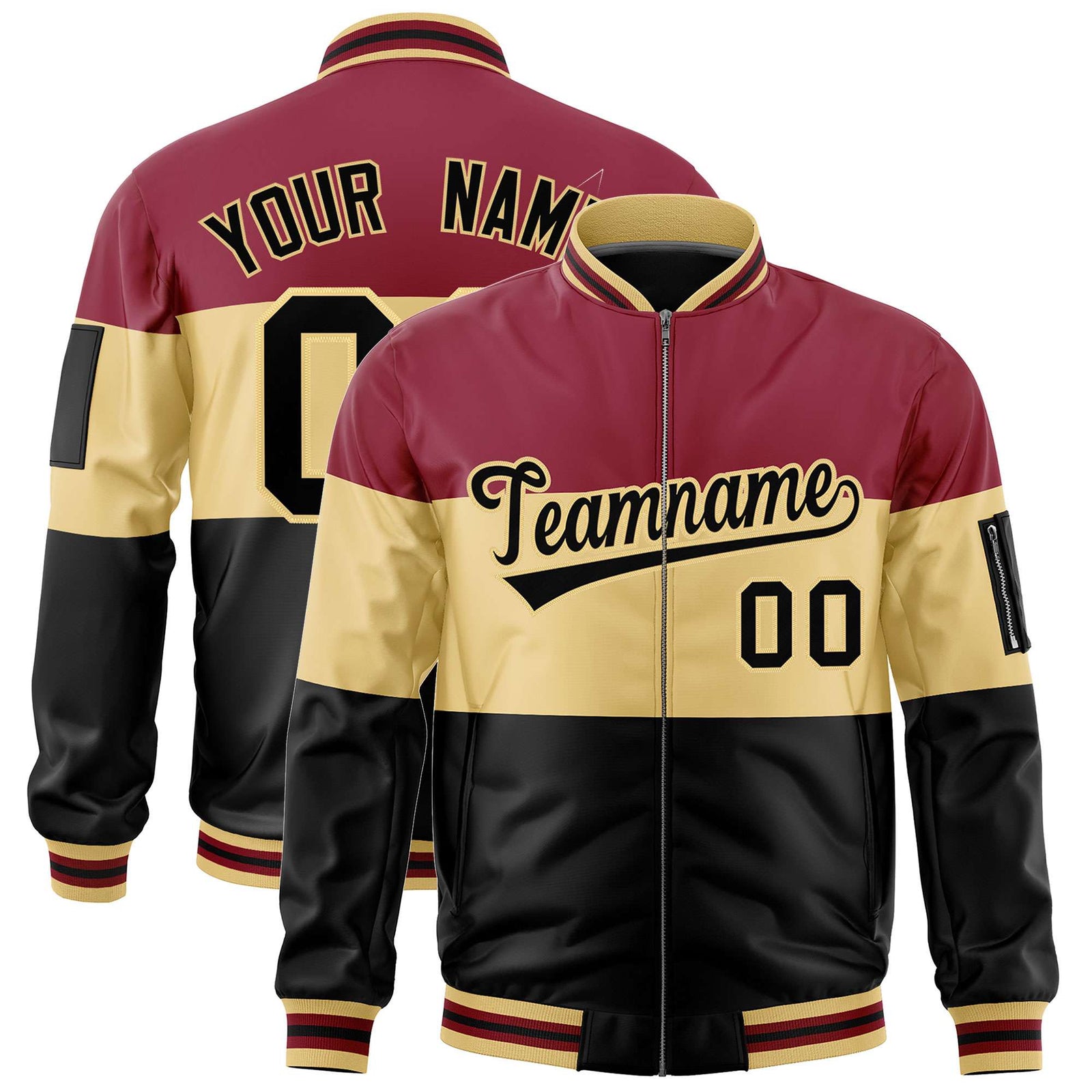 Custom Crimson Khaki-Black Varsity Full-Zip Color Block Letterman Bomber Jacket