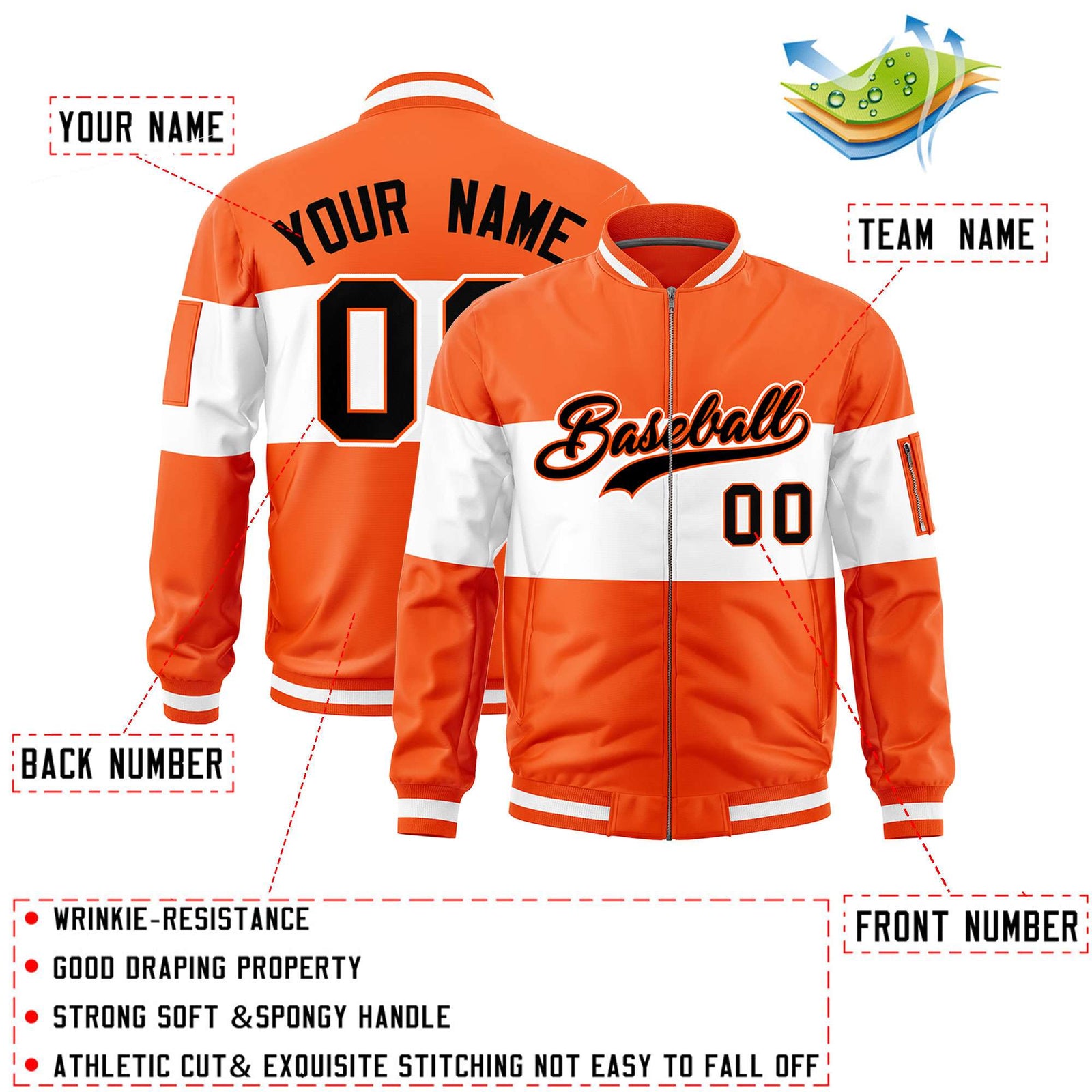 Custom Orange White-Orange Varsity Full-Zip Color Block Letterman Bomber Jacket