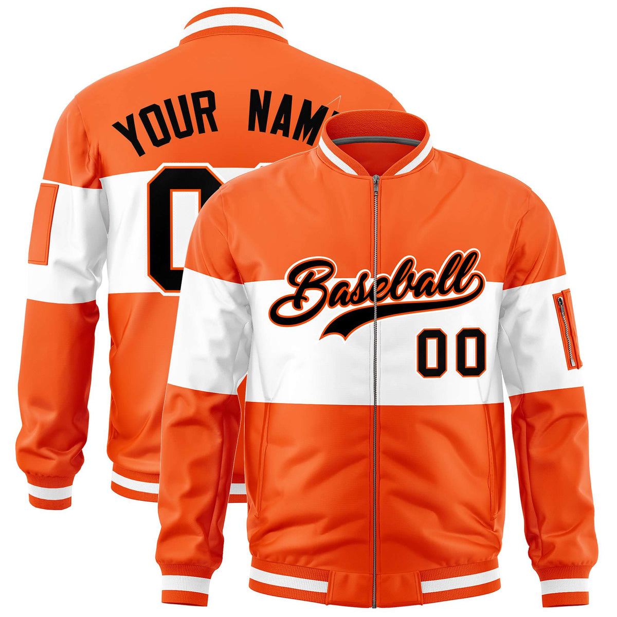 Custom Orange White-Orange Varsity Full-Zip Color Block Letterman Bomber Jacket