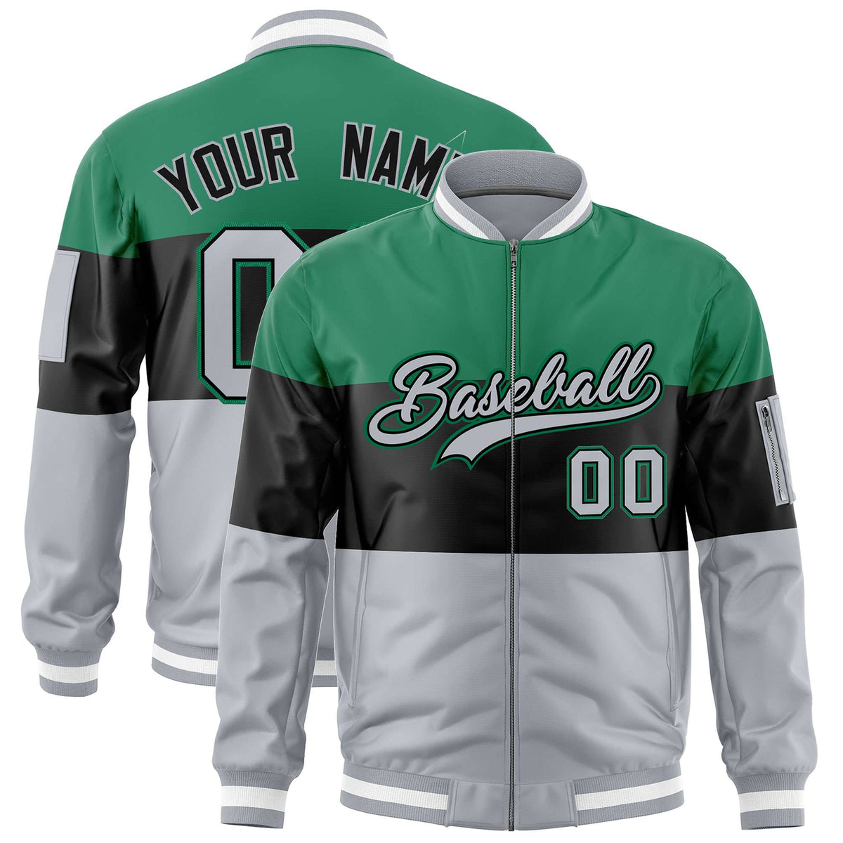 Custom Kelly Green Black-Silver Varsity Full-Zip Color Block Letterman Bomber Jacket