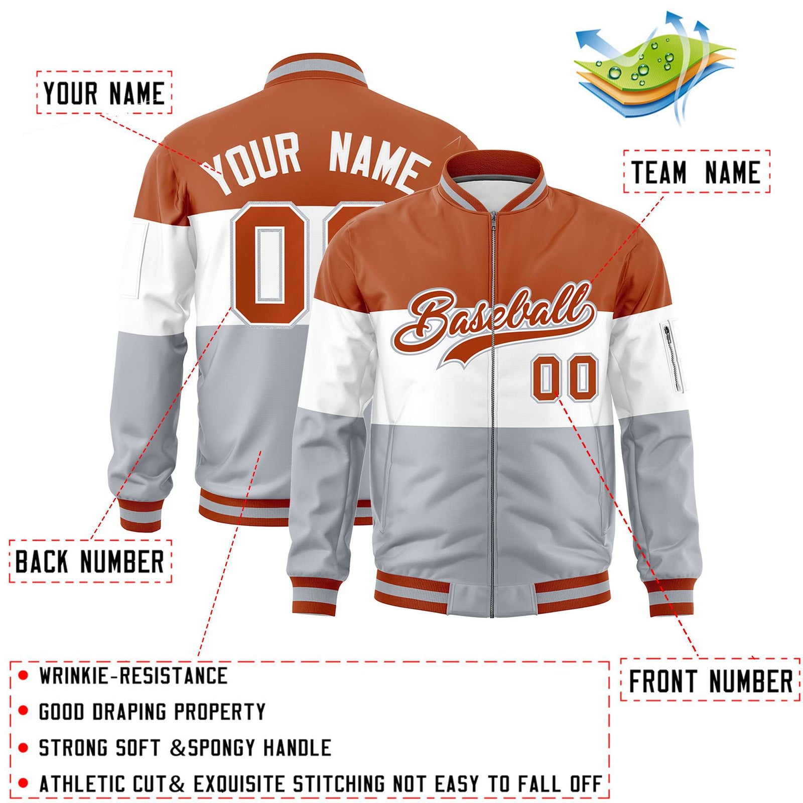 Custom Texas Orange White-Silver Varsity Full-Zip Color Block Letterman Bomber Jacket