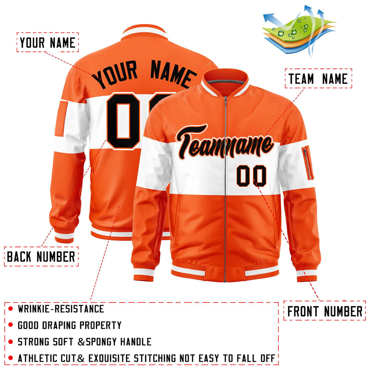 Custom Orange White-Orange Varsity Full-Zip Color Block Letterman Bomber Jacket