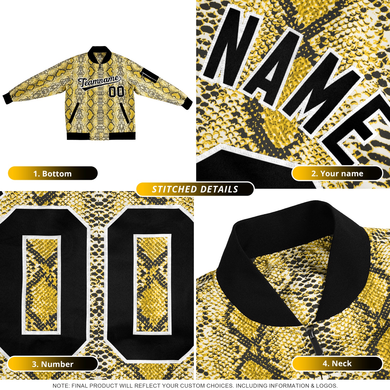 Custom Varsity Full-Zip Snake Pattern Letterman Bomber Jacket
