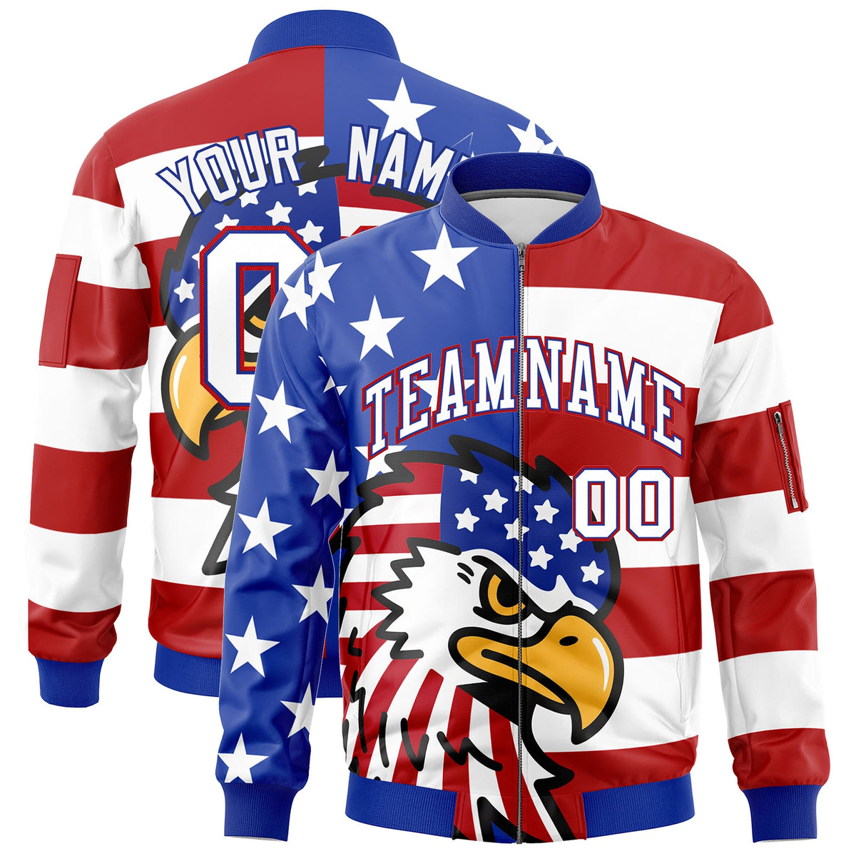 Custom Royal Blue White Red Independence Day Full Zip American Flag Wrinkle-Resistant Jacket| KXKSHOP