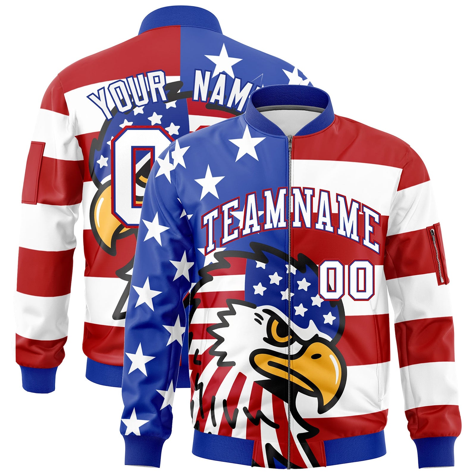 Custom Royal Blue White Red Independence Day Full Zip American Flag Wrinkle-Resistant Jacket| KXKSHOP