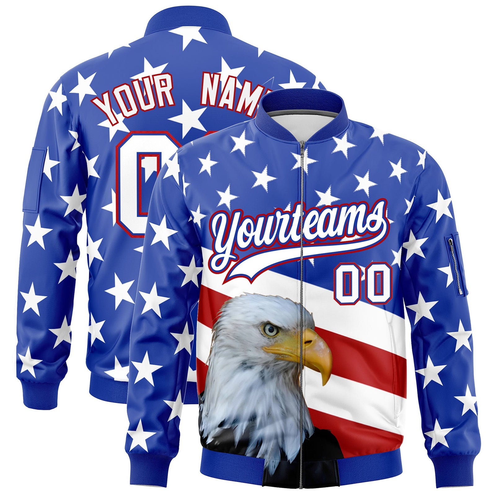 Custom Royal Blue White Red Independence Day Full Zip American Flag Wrinkle-Resistant Jacket| KXKSHOP