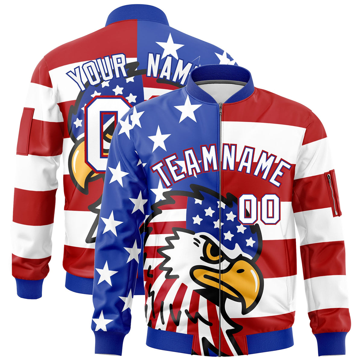 Custom Royal Blue White Red Independence Day Full Zip American Flag Wrinkle-Resistant Jacket| KXKSHOP