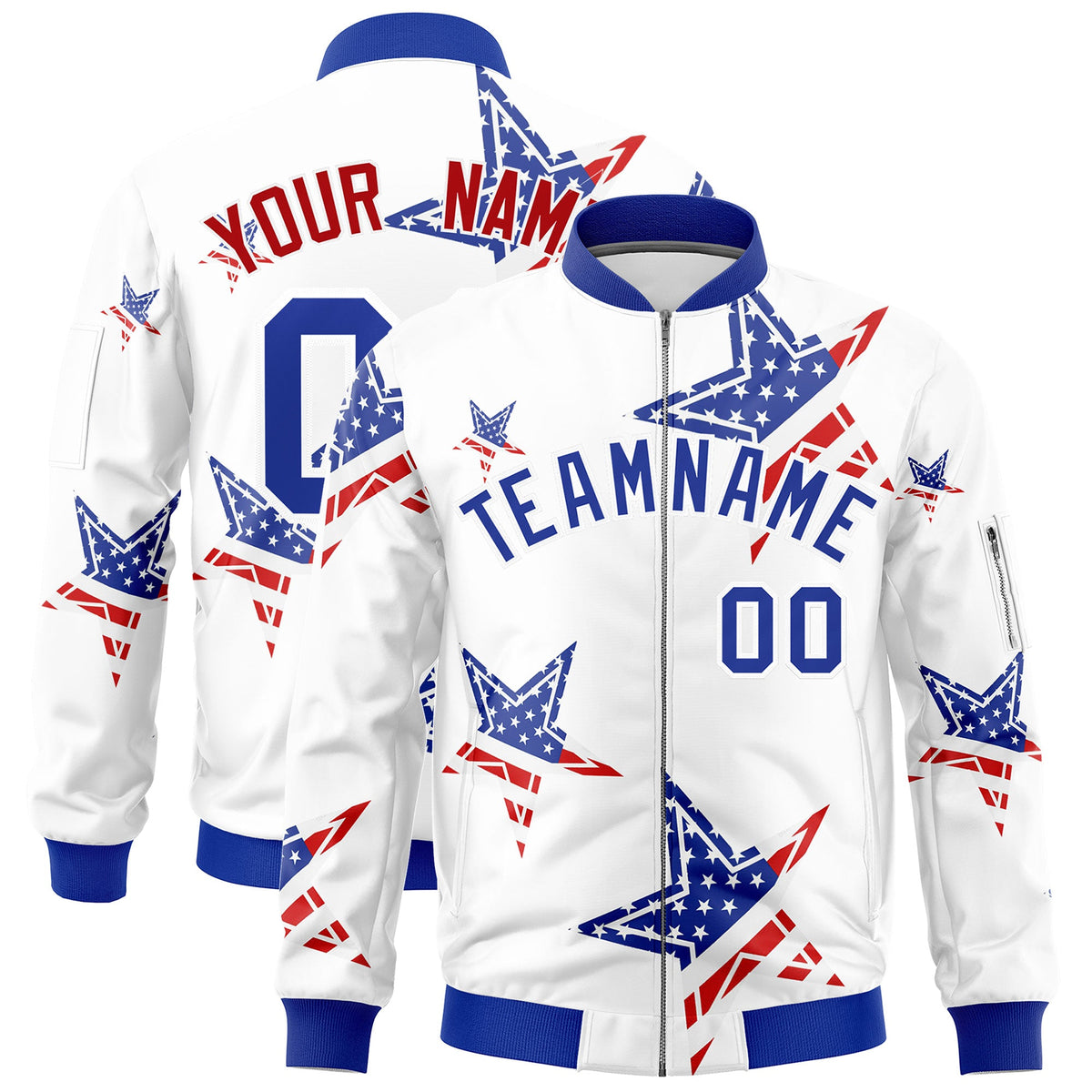 Custom White Royal Blue Red Independence Day Full Zip American Flag Wrinkle-Resistant Jacket| KXKSHOP