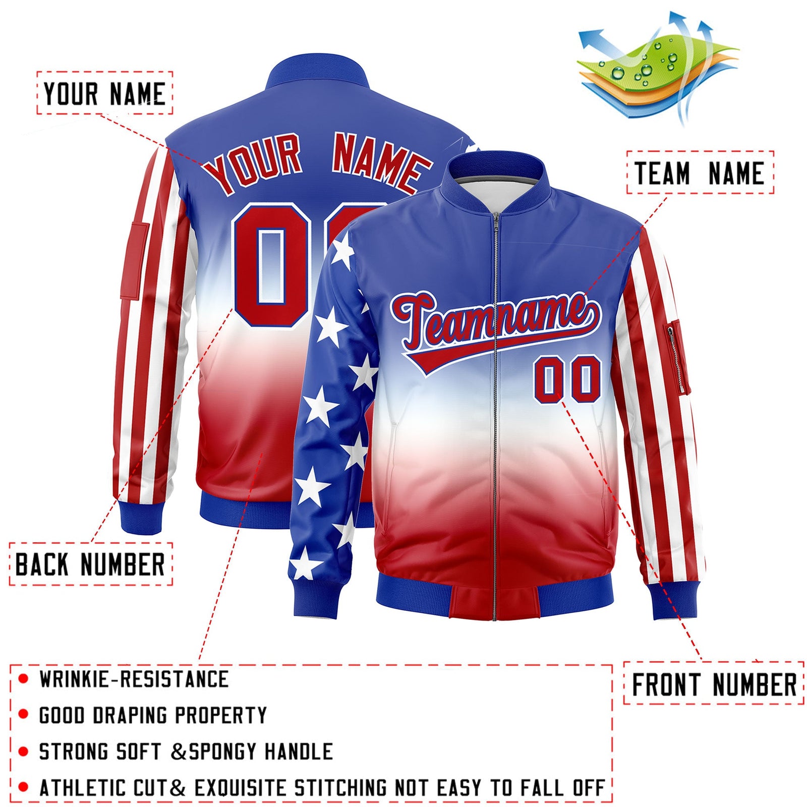 Custom Royal Blue White Red Independence Day Rising Stars Series Vertical Stripes Full Zip American Flag Stripe Fashion Wrinkle-Resistant Jacket| KXKSHOP