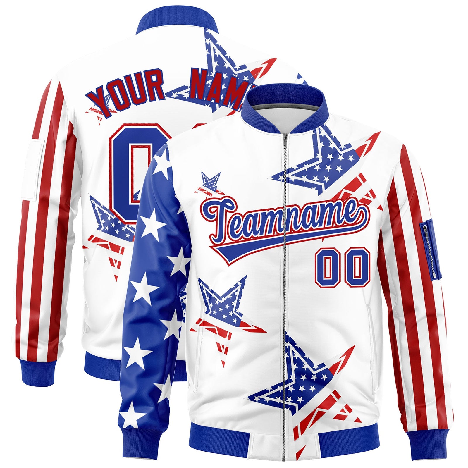Custom White Red Royal Blue Independence Day Full Zip American Flag Wrinkle-Resistant Jacket| KXKSHOP