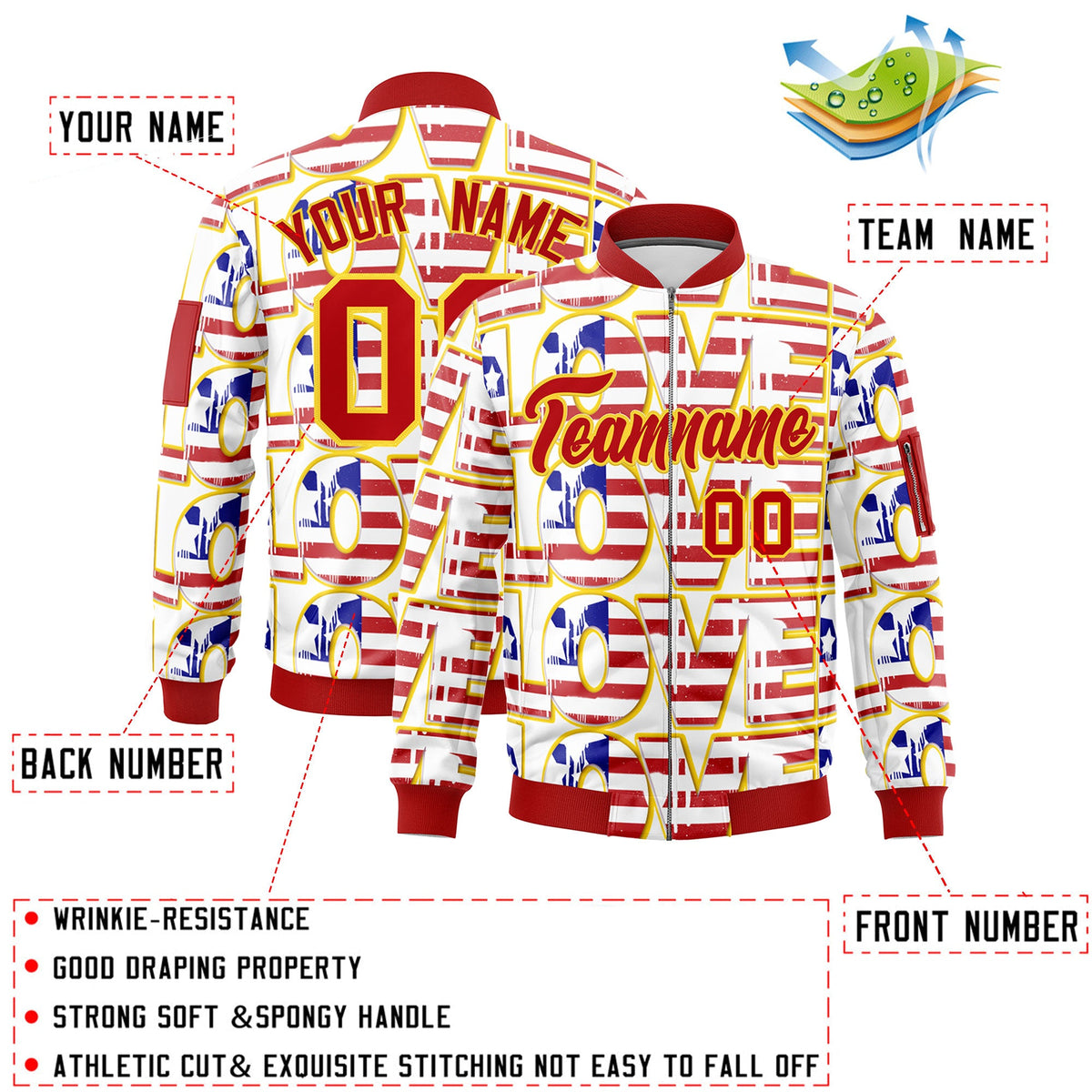Custom White Red Gold Independence Day Full Zip American Flag Wrinkle-Resistant Jacket| KXKSHOP