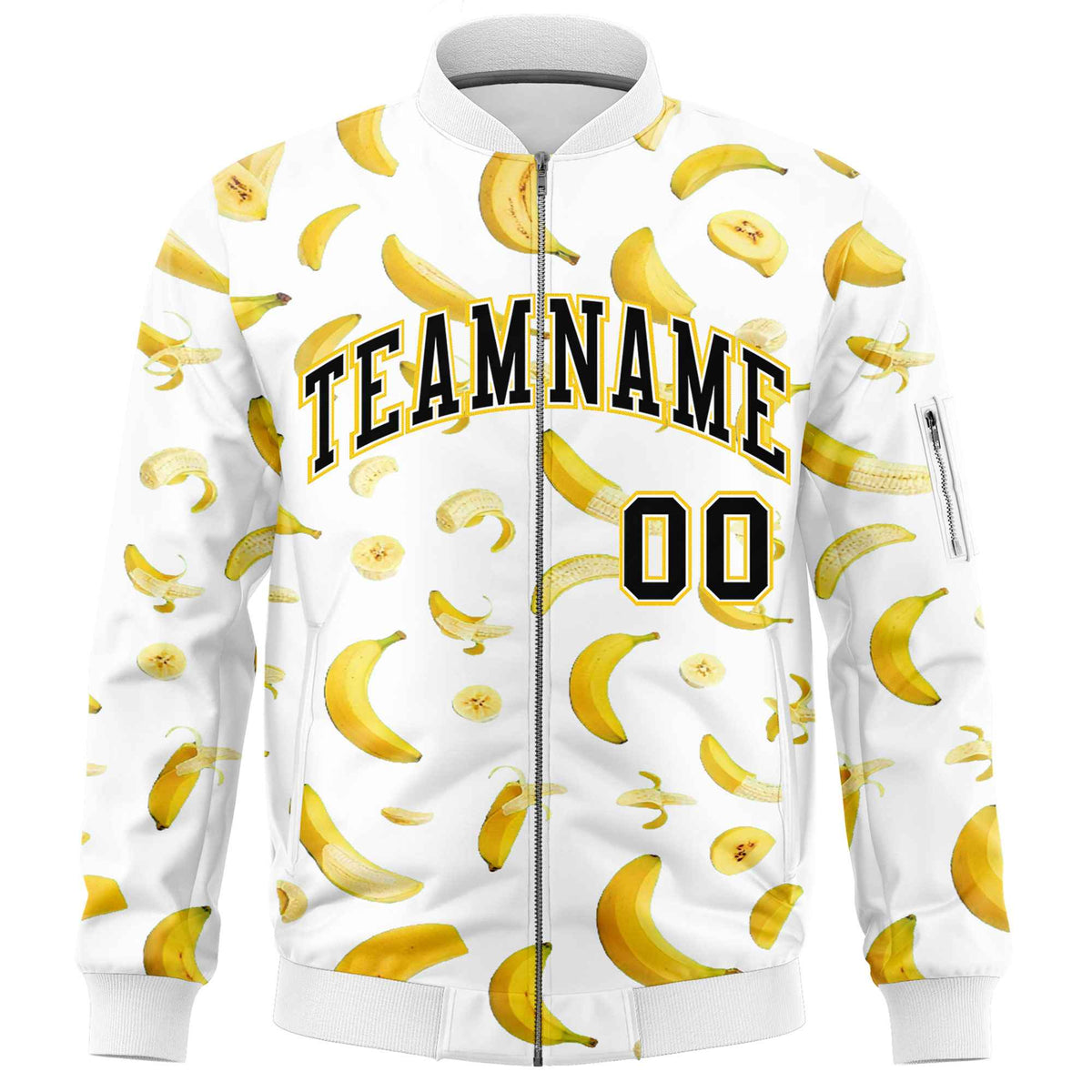 Custom White Varsity Full-Zip Banana Pattern Letterman Bomber Jacket | Graffiti Pattern | Embroidery&amp;Dye-sublimation printing | KXKSHOP